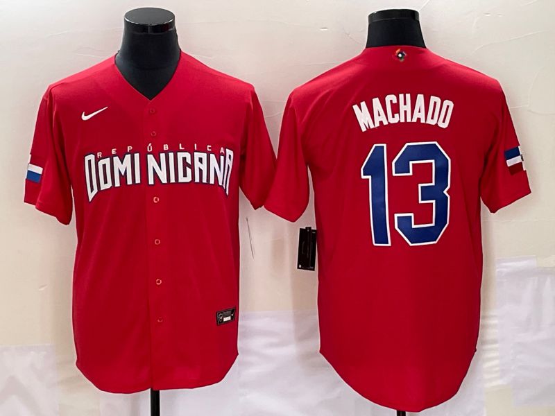 Men 2023 World Cub Dominicana #13 Machado Red Nike MLB Jersey6